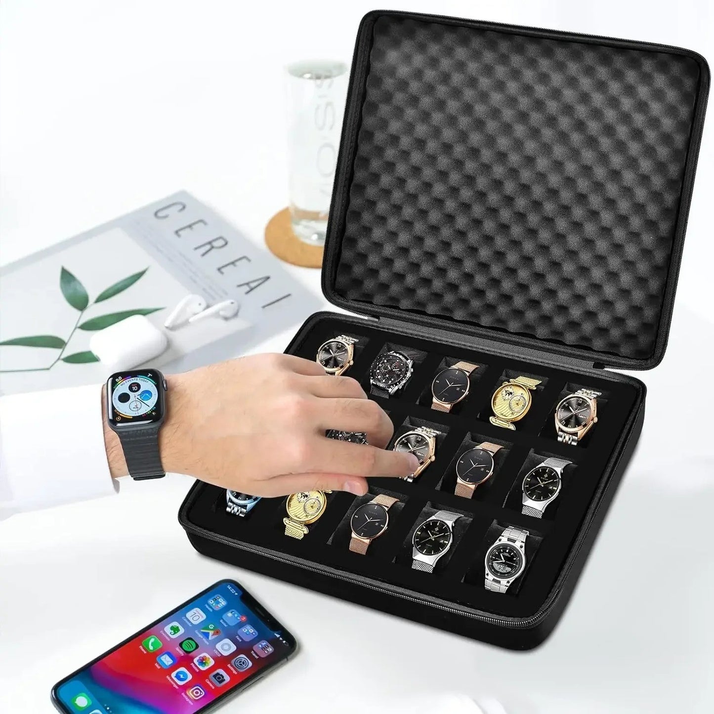 15 Watch Storage Zip Carry Case Solid EVA Travel Protection Black Inside