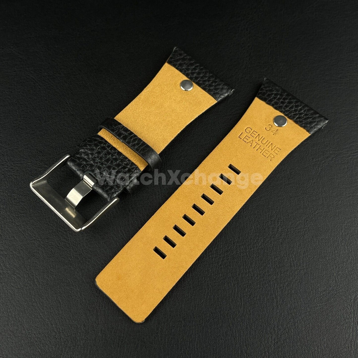 Black Genuine Leather Strap Diesel DZ Series Steel Studded Riveted 22mm - 34mm