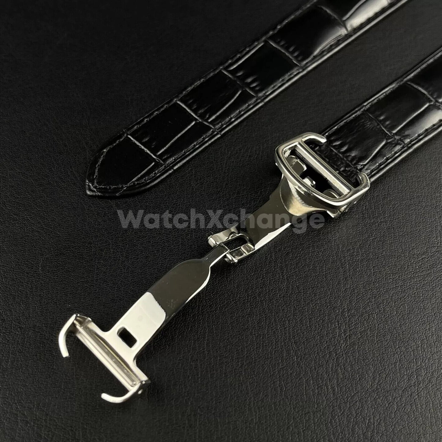 Black Genuine Leather Strap Band fit Cartier Pasha Watch Clasp Buckle 18 - 21mm