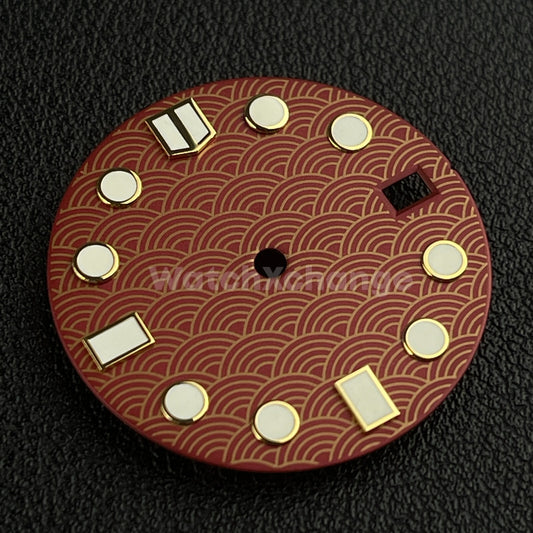 28.5mm Red & Gold Wave Fishscale Watch Dial Face for SEIKO NH35 NH36 Movement