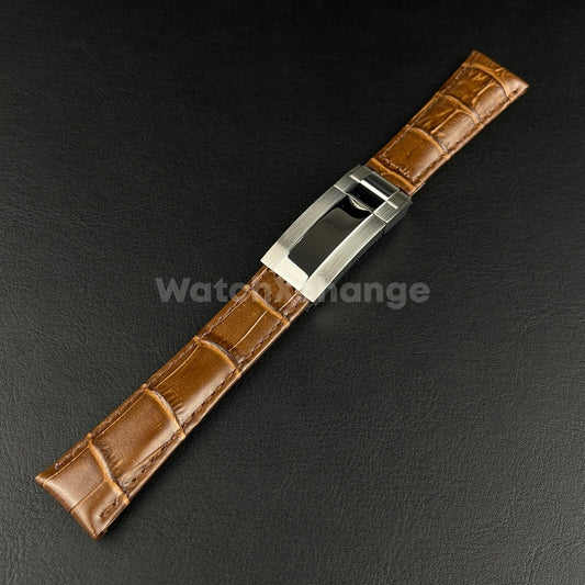 For ROLEX Watch Brown Genuine Leather Strap Band With Deployment Clasp Buckle