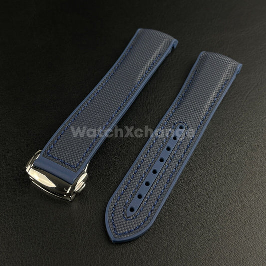 Blue Curved End Silicone Rubber Watch Strap For Omega Seamaster 20mm 22mm