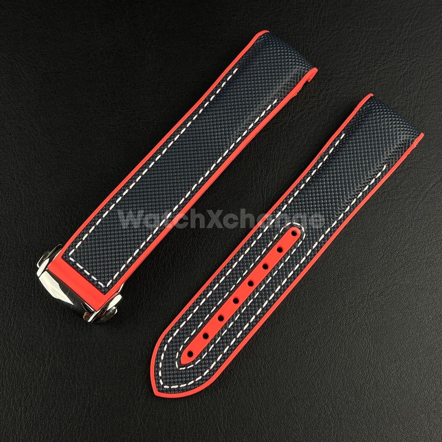 Blue & Red Curved End Silicone Rubber Watch Strap For Omega Seamaster 20mm 22mm