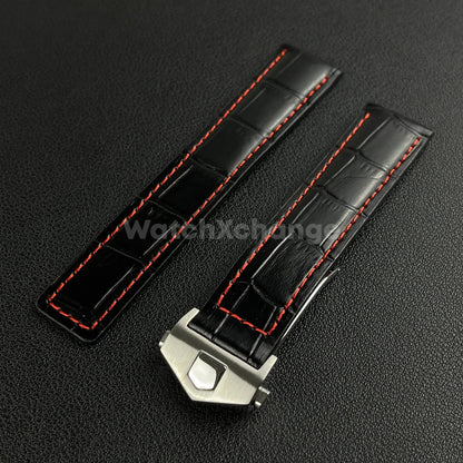 Black & Red Leather Strap For Tag Heuer Monaco Carrera Crocodile 19 20 22mm