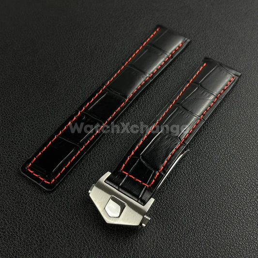Black & Red Leather Strap For Tag Heuer Monaco Carrera Crocodile 19 20 22mm