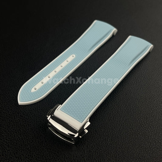 Blue & White Curved End Silicone Rubber Watch Strap For Omega Seamaster 20mm