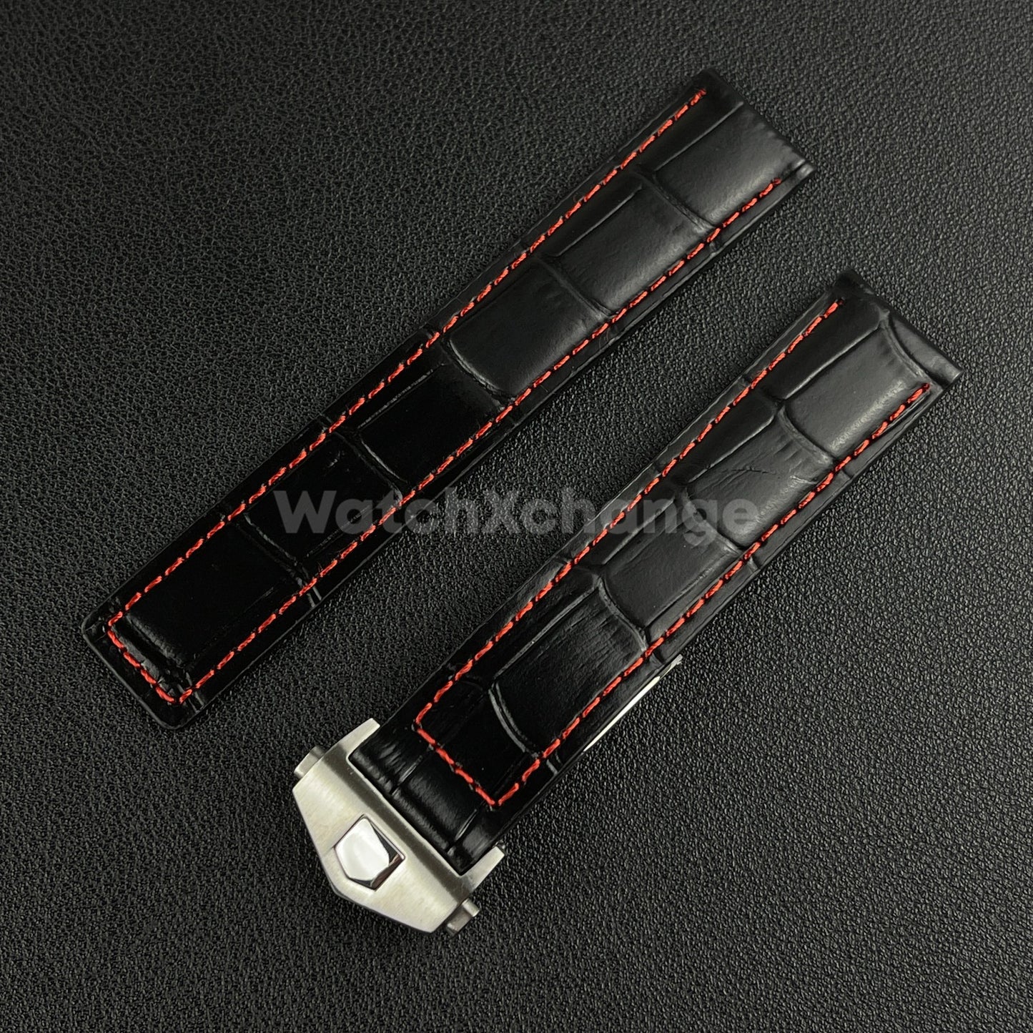 Black & Red Leather Strap For Tag Heuer Monaco Carrera Crocodile 19 20 22mm