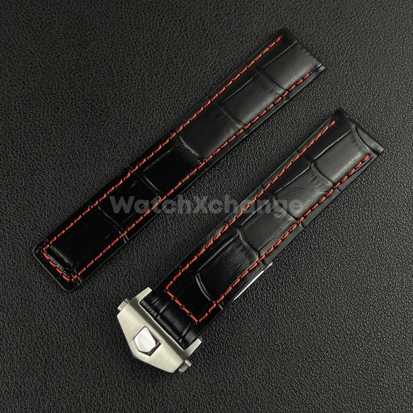 Black & Red Leather Strap For Tag Heuer Monaco Carrera Crocodile 19 20 22mm