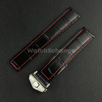 Black & Red Leather Strap For Tag Heuer Monaco Carrera Crocodile 19 20 22mm