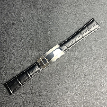 For ROLEX Watch Black Genuine Leather Strap Band With Deployment Clasp Buckle