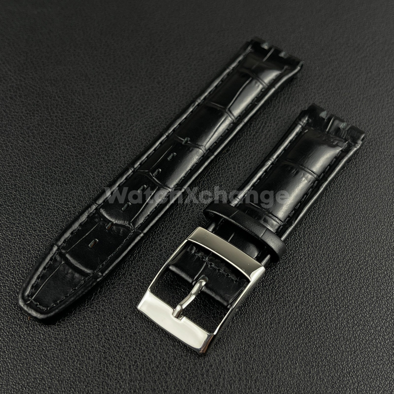 Black Alligator Grain Genuine Leather Watch Band Strap 17 19mm for SWATCH