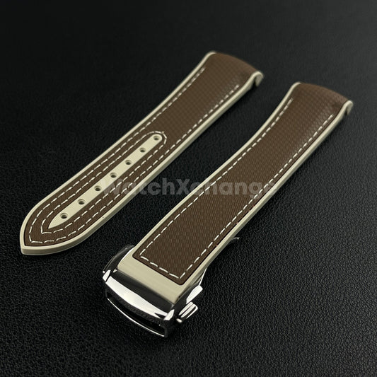 Brown & Beige Curved End Silicone Rubber Watch Strap For Omega Seamaster 20mm
