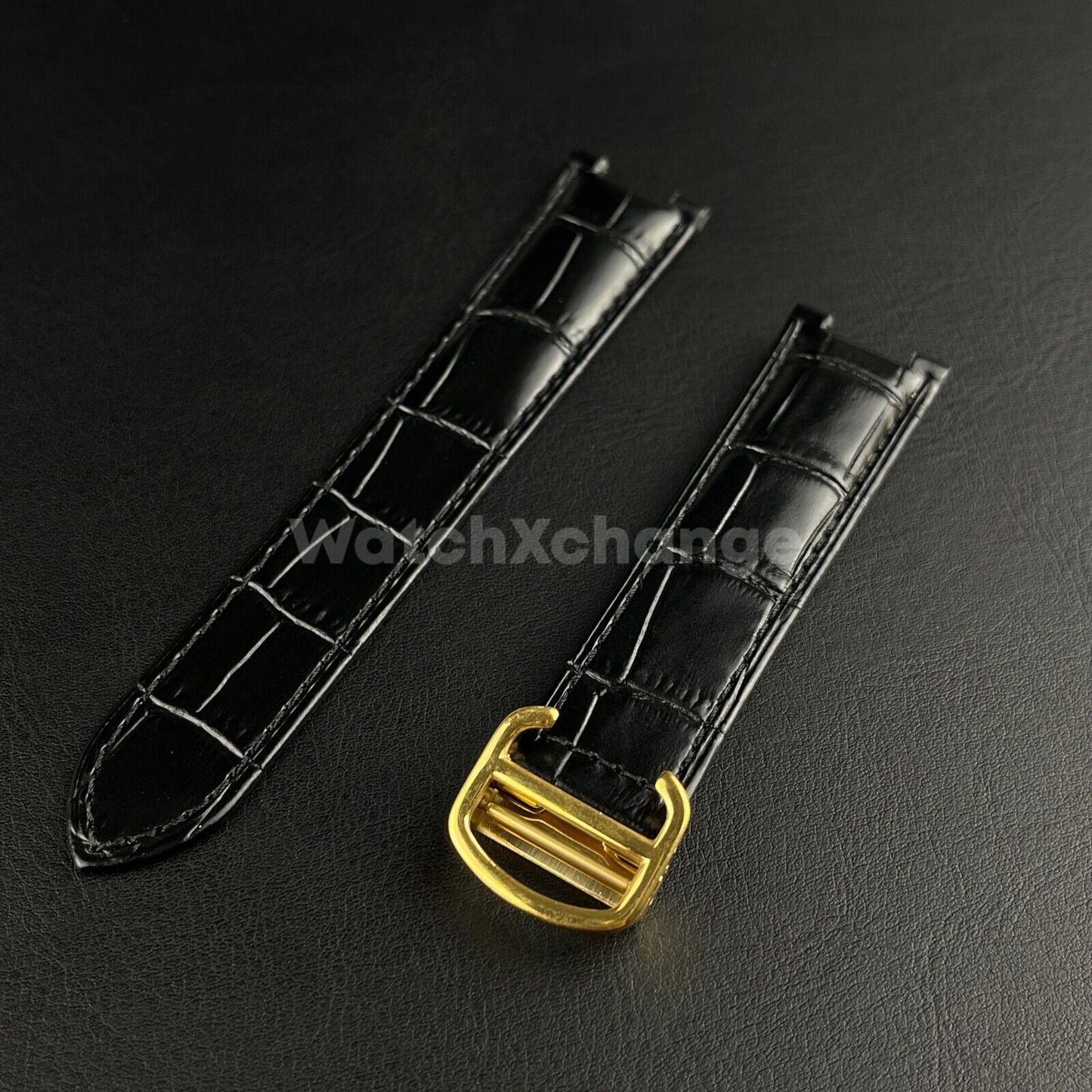 21mm Black Genuine Leather Strap Band fit Cartier Pasha Watch Clasp Buckle