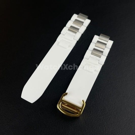 20*10mm White Gold Rubber Wrist Watch Band Strap For Cartier 21 Chronoscaph