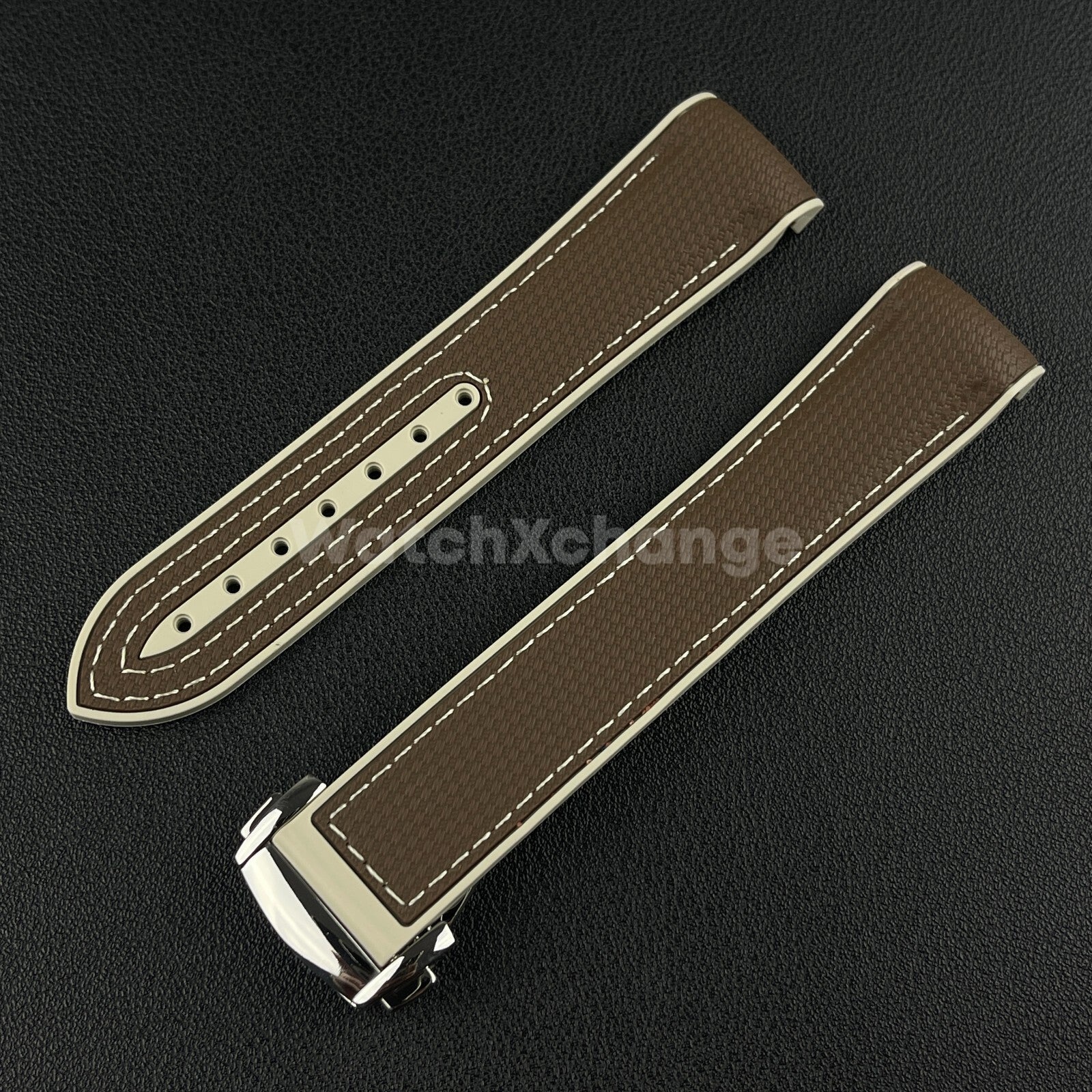 Brown & Beige Curved End Silicone Rubber Watch Strap For Omega Seamaster 20mm