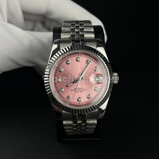 Pink Sunburst Dial 39mm Mens Watch NH35A Automatic Movement Sapphire Steel