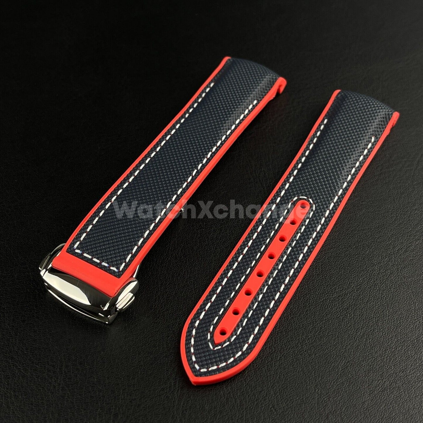 Blue & Red Curved End Silicone Rubber Watch Strap For Omega Seamaster 20mm 22mm