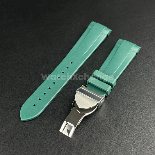 Green Rubber Watch Strap Tudor Curved End Deployable Butterfly Clasp Buckle 22mm