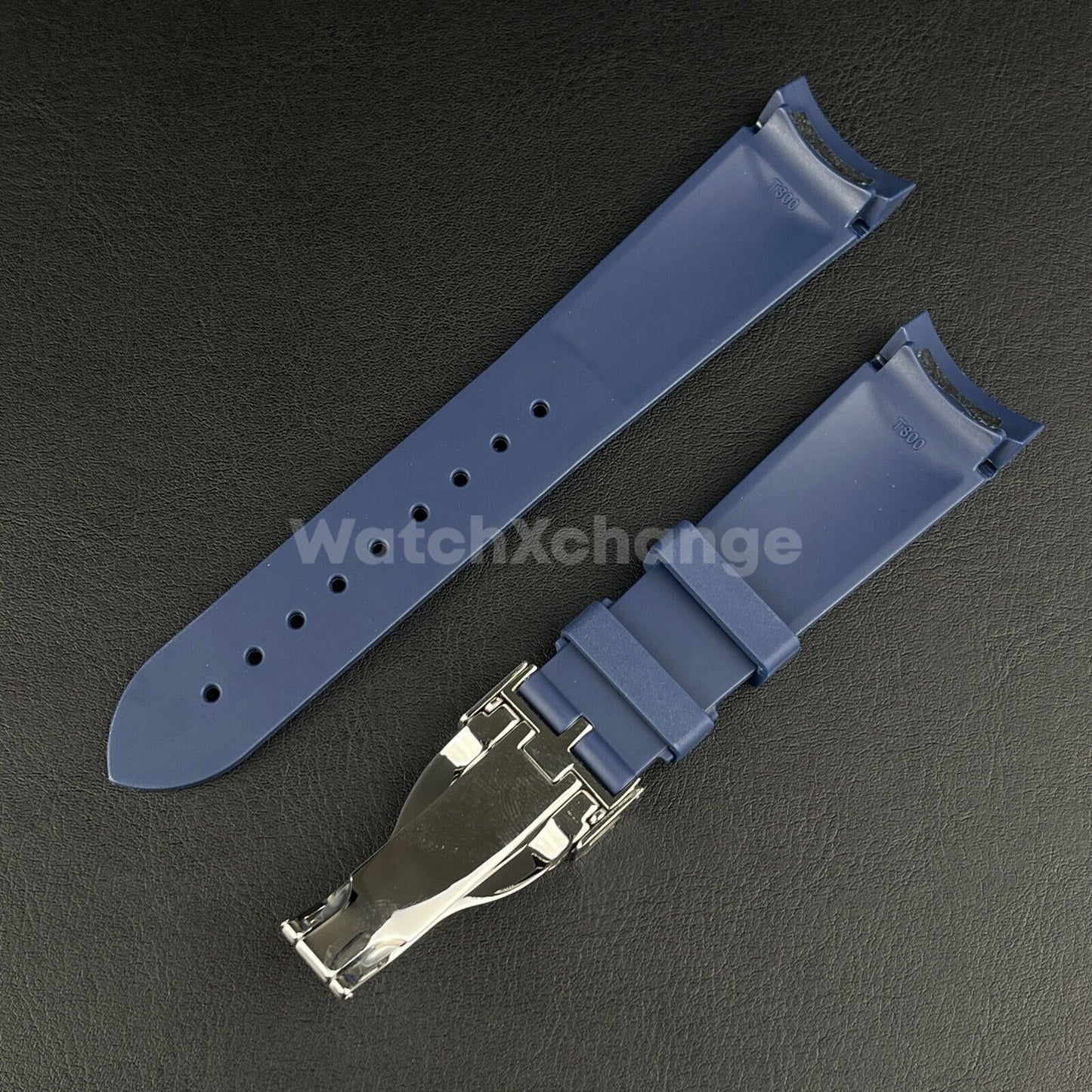 Blue Rubber Watch Strap Tudor Curved End Deployable Butterfly Clasp Buckle 22mm