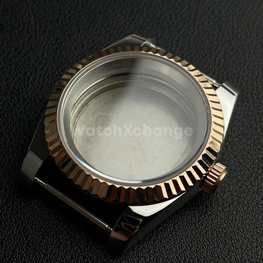 39mm Silver & Rose Gold Watch Case Fluted Sapphire For NH35/NH36 Movement