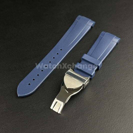 Blue Rubber Watch Strap Tudor Curved End Deployable Butterfly Clasp Buckle 22mm