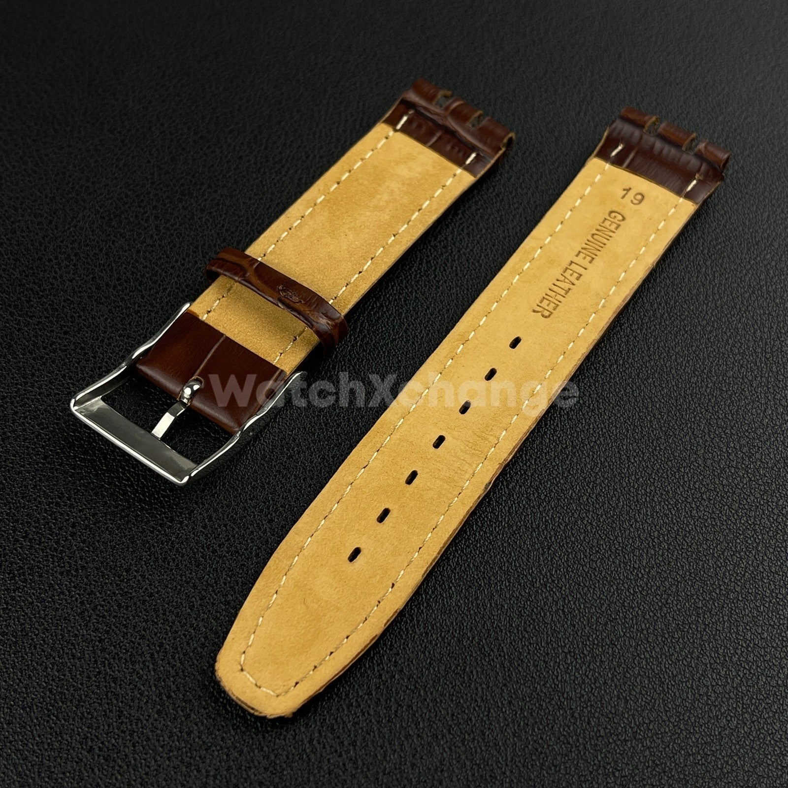 Brown Alligator Grain Genuine Leather Watch Band Strap 17 19mm for SWATCH
