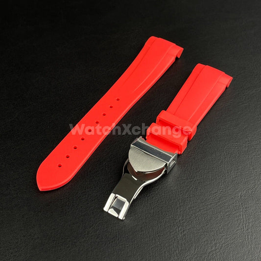 Red Rubber Watch Strap Tudor Curved End Deployable Butterfly Clasp Buckle 22mm