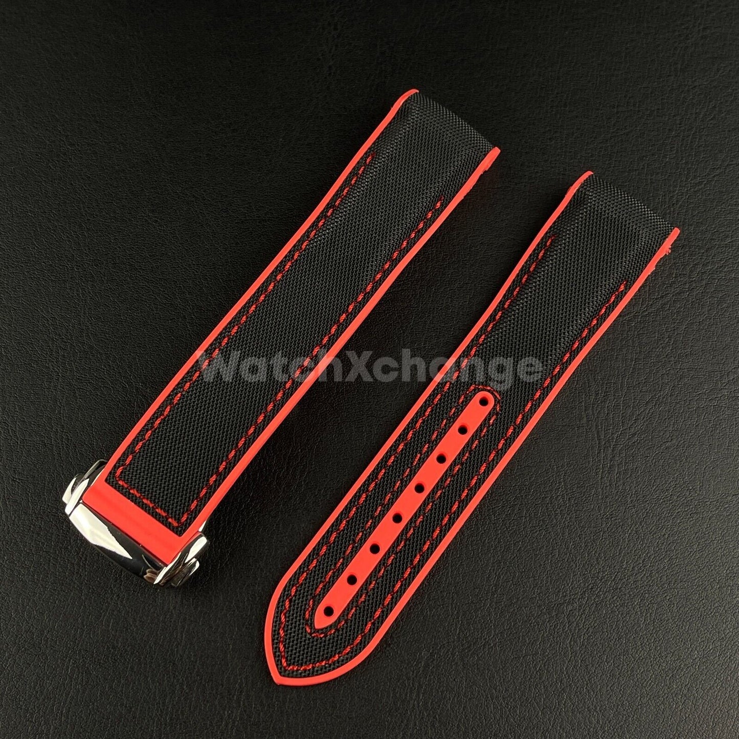 Black & Red Curved End Silicone Rubber Watch Strap For Omega Seamaster 20 22mm