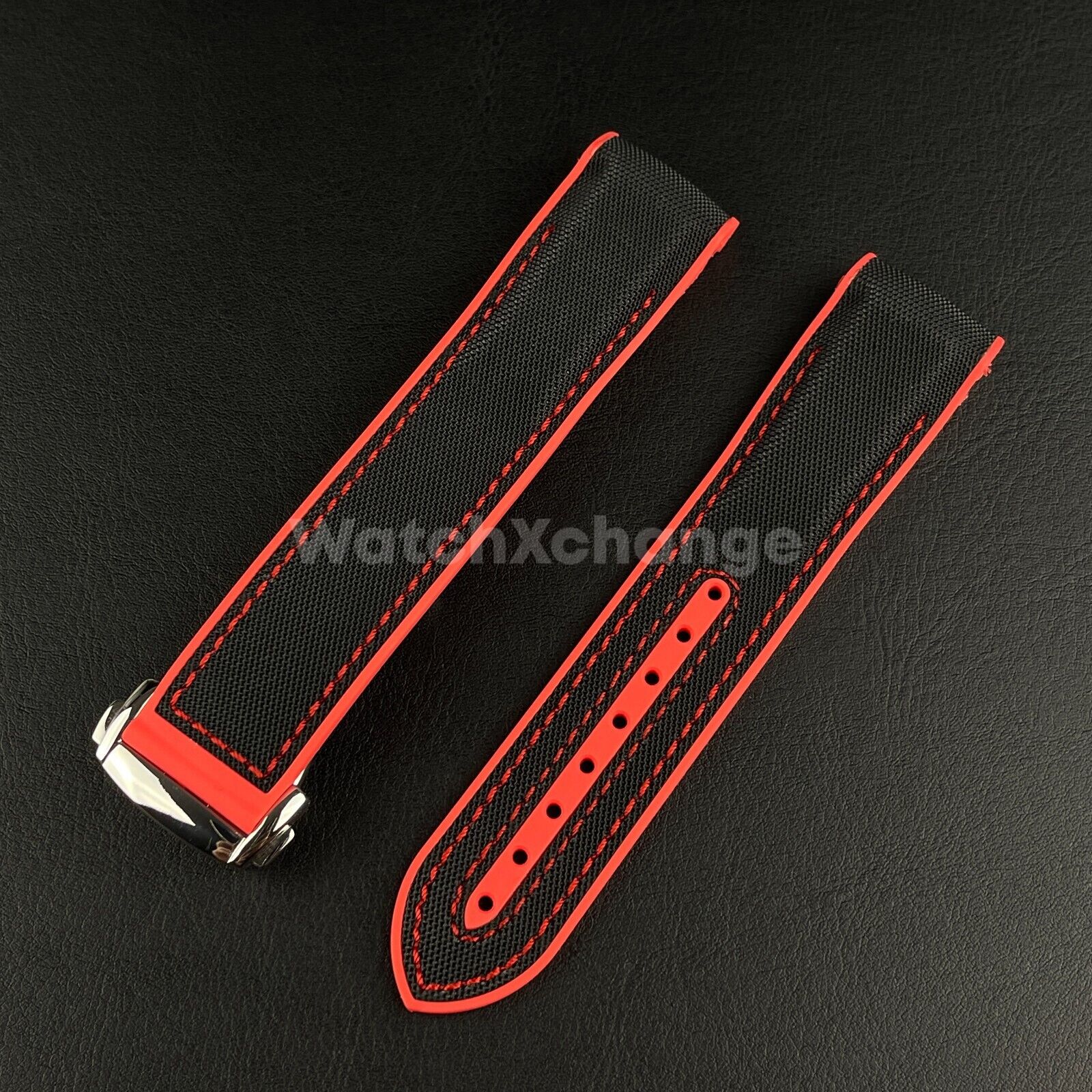 Black & Red Curved End Silicone Rubber Watch Strap For Omega Seamaster 20 22mm