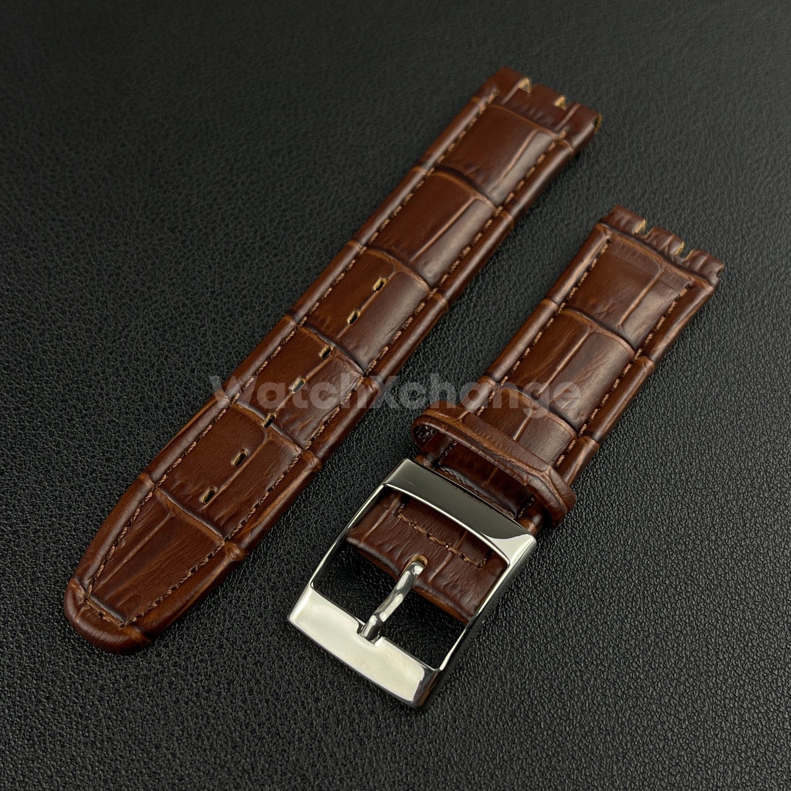 Brown Alligator Grain Genuine Leather Watch Band Strap 17 19mm for SWATCH