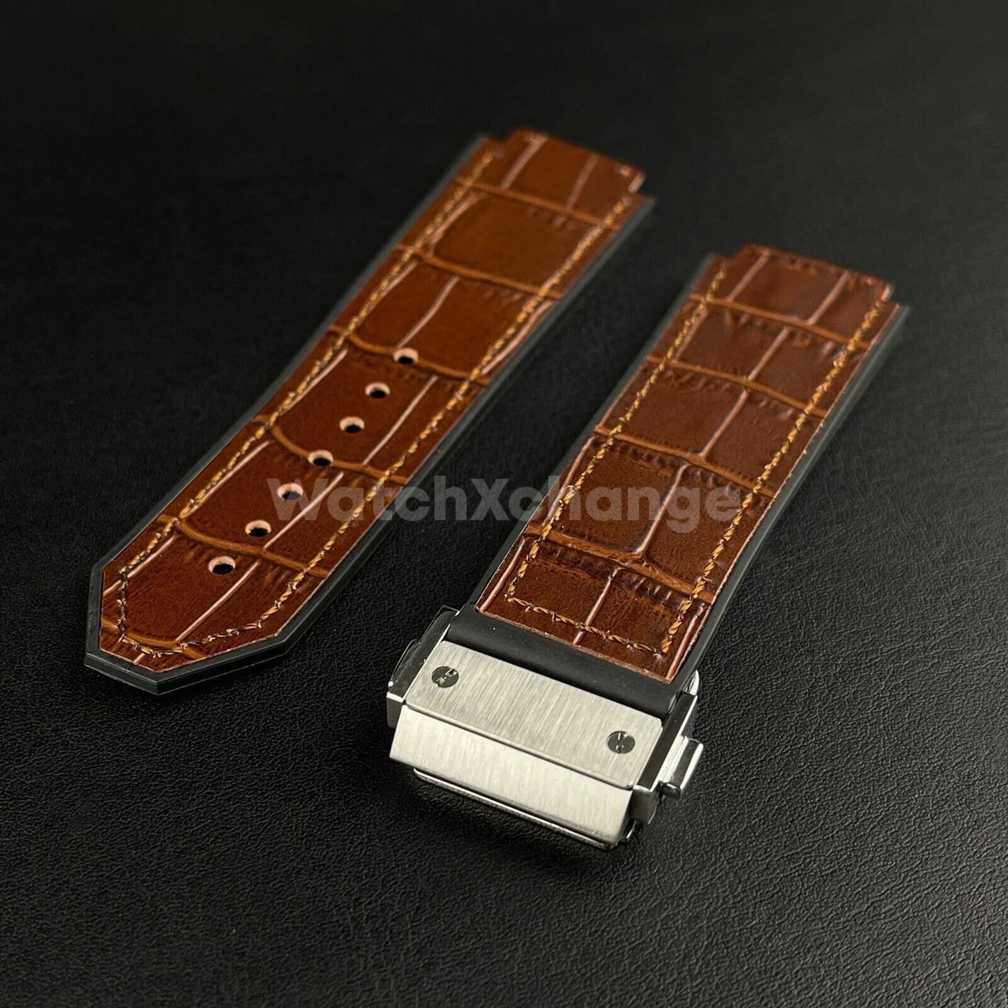 19*26mm Fit HUBLOT BIG BANG Brown Leather Rubber Silicone Watch Strap Band