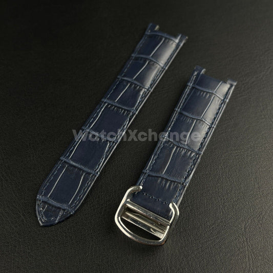 20mm Blue Genuine Leather Strap Band fit Cartier Pasha Watch Clasp Buckle