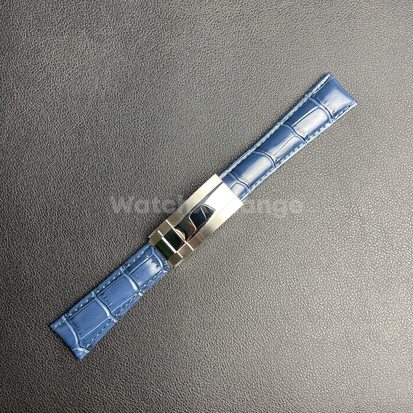 For ROLEX Watch Blue Genuine Leather Strap Band With Deployment Clasp Buckle