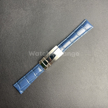 For ROLEX Watch Blue Genuine Leather Strap Band With Deployment Clasp Buckle