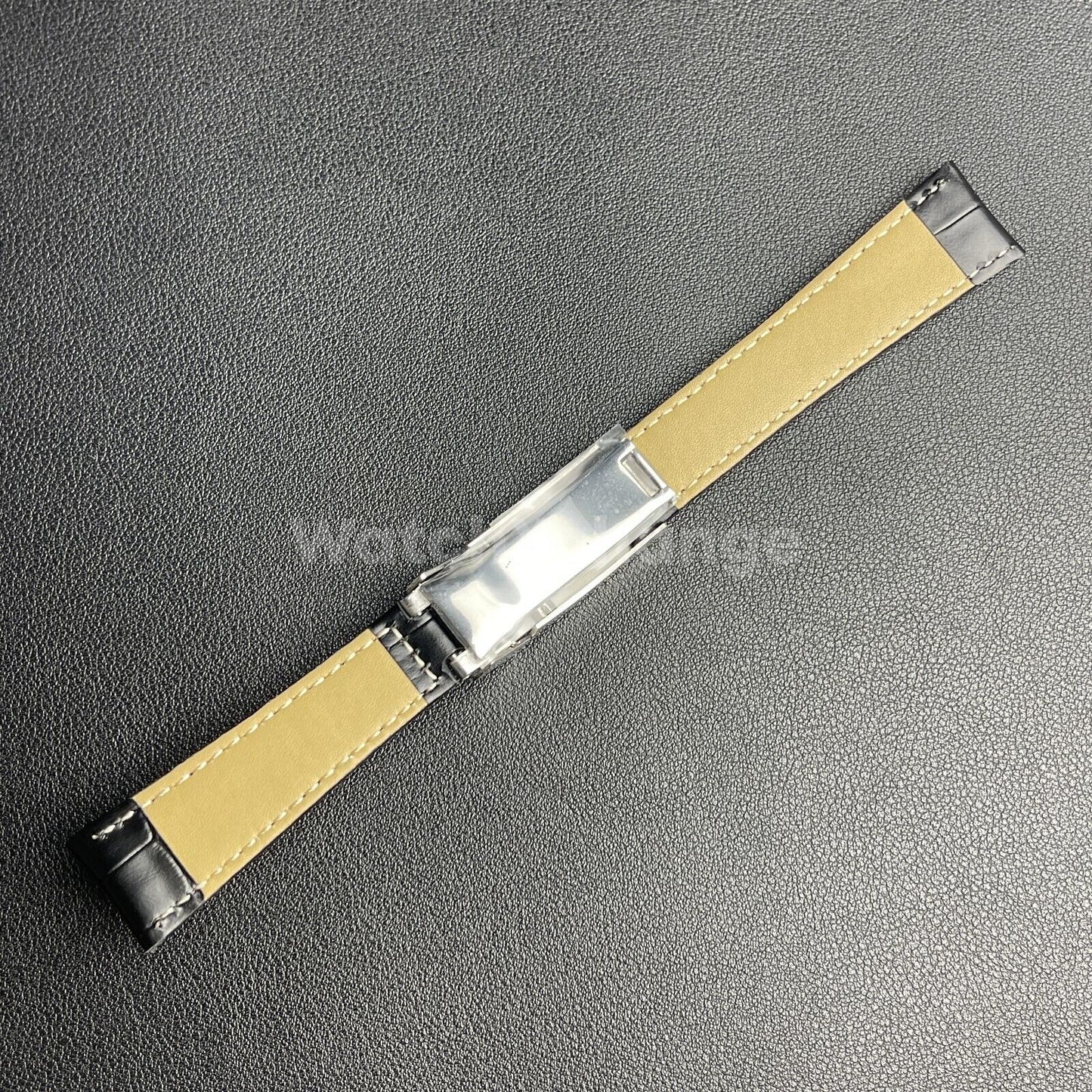 For ROLEX Watch Black Genuine Leather Strap Band With Deployment Clasp Buckle