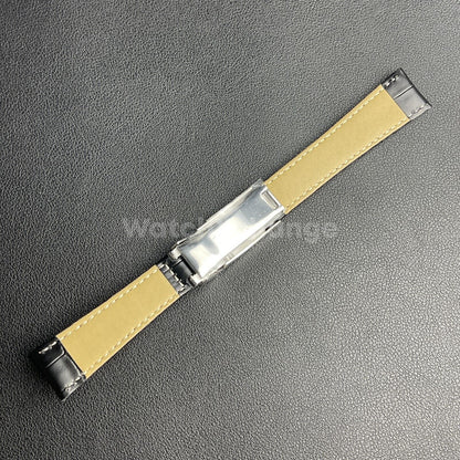 For ROLEX Watch Black Genuine Leather Strap Band With Deployment Clasp Buckle