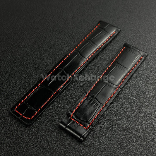 Black & Red Leather Strap For Tag Heuer Monaco Carrera Crocodile 19 20 22mm