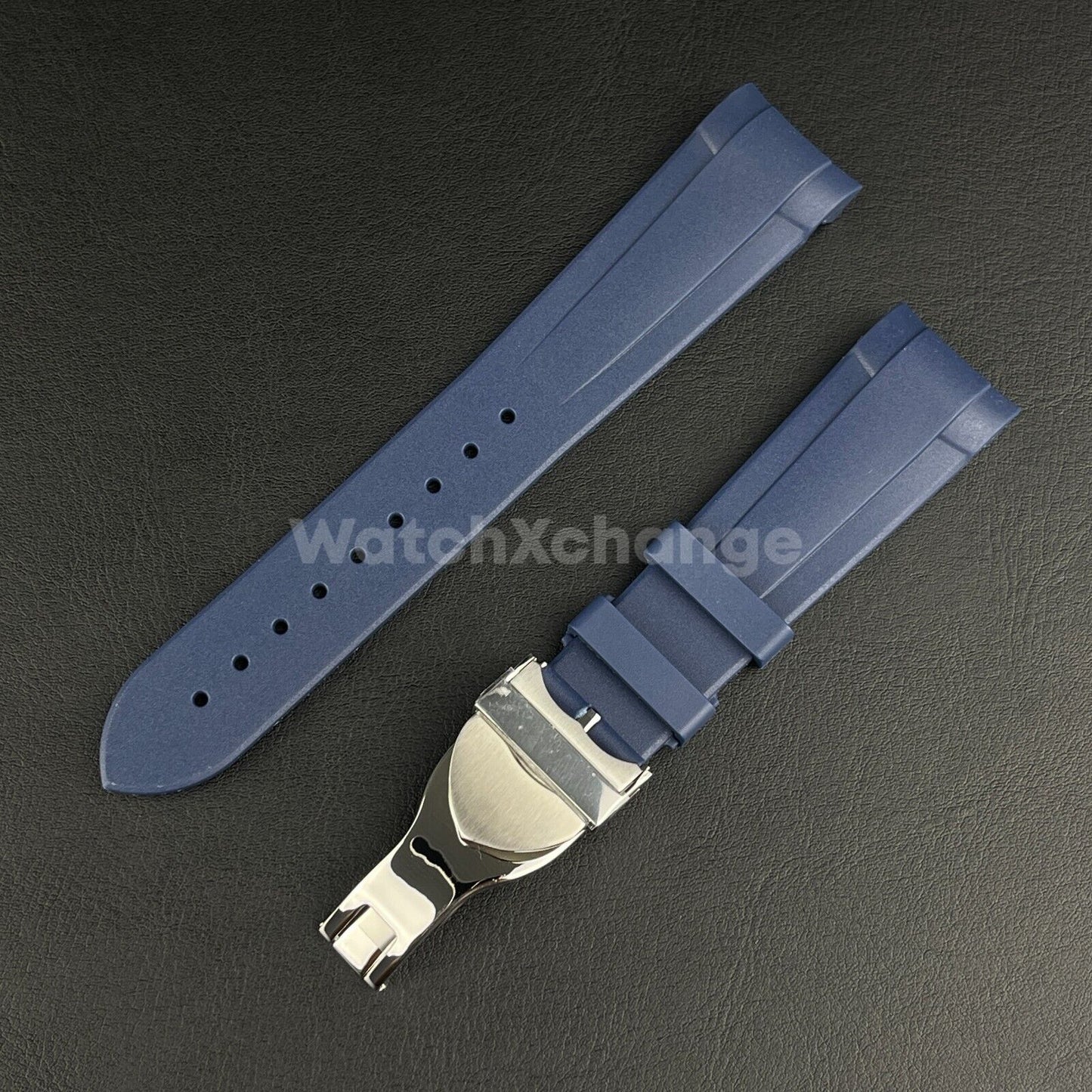 Blue Rubber Watch Strap Tudor Curved End Deployable Butterfly Clasp Buckle 22mm