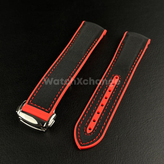 Black & Red Curved End Silicone Rubber Watch Strap For Omega Seamaster 20 22mm