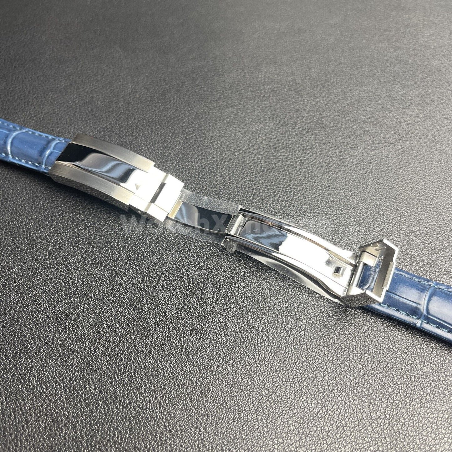 For ROLEX Watch Blue Genuine Leather Strap Band With Deployment Clasp Buckle