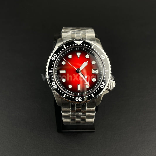 41mm Sterile Black Red Dial Japan NH35A Automatic Diving Mens Watch Steel 20ATM