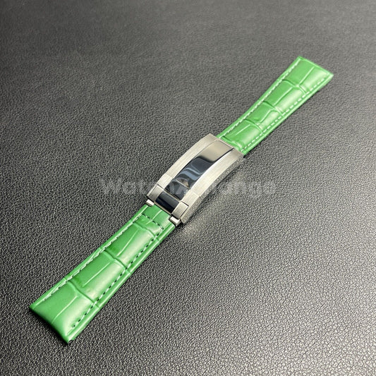 For ROLEX Watch Green Genuine Leather Strap Band With Deployment Clasp Buckle