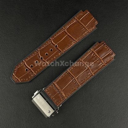 19*26mm Fit HUBLOT BIG BANG Brown Leather Rubber Silicone Watch Strap Band