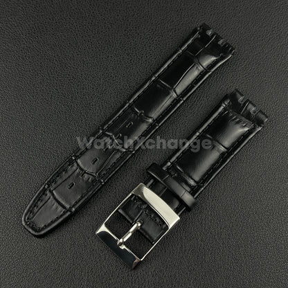 Black Alligator Grain Genuine Leather Watch Band Strap 17 19mm for SWATCH