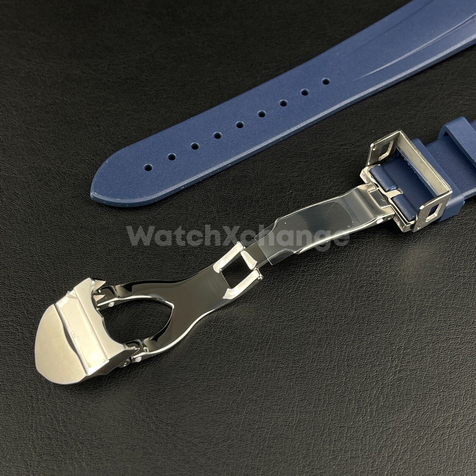 Blue Rubber Watch Strap Tudor Curved End Deployable Butterfly Clasp Buckle 22mm