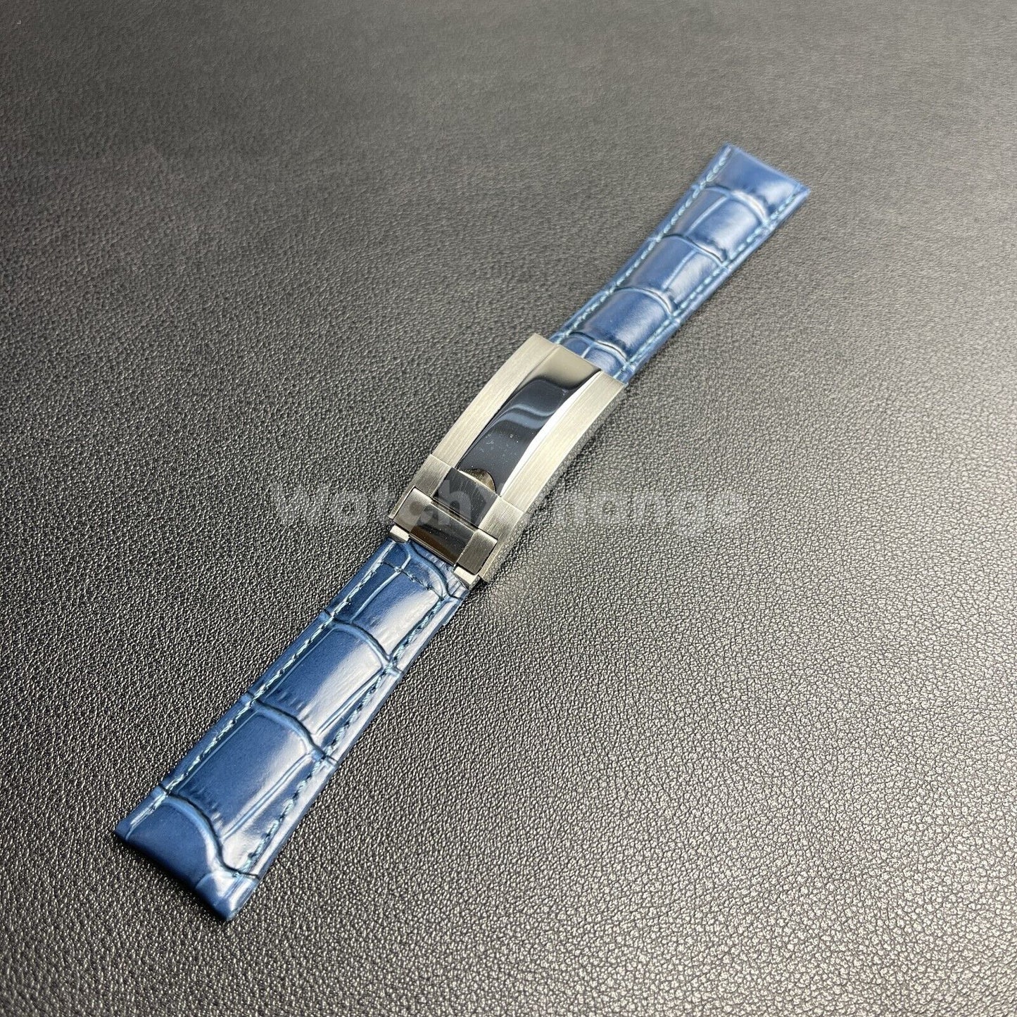 For ROLEX Watch Blue Genuine Leather Strap Band With Deployment Clasp Buckle