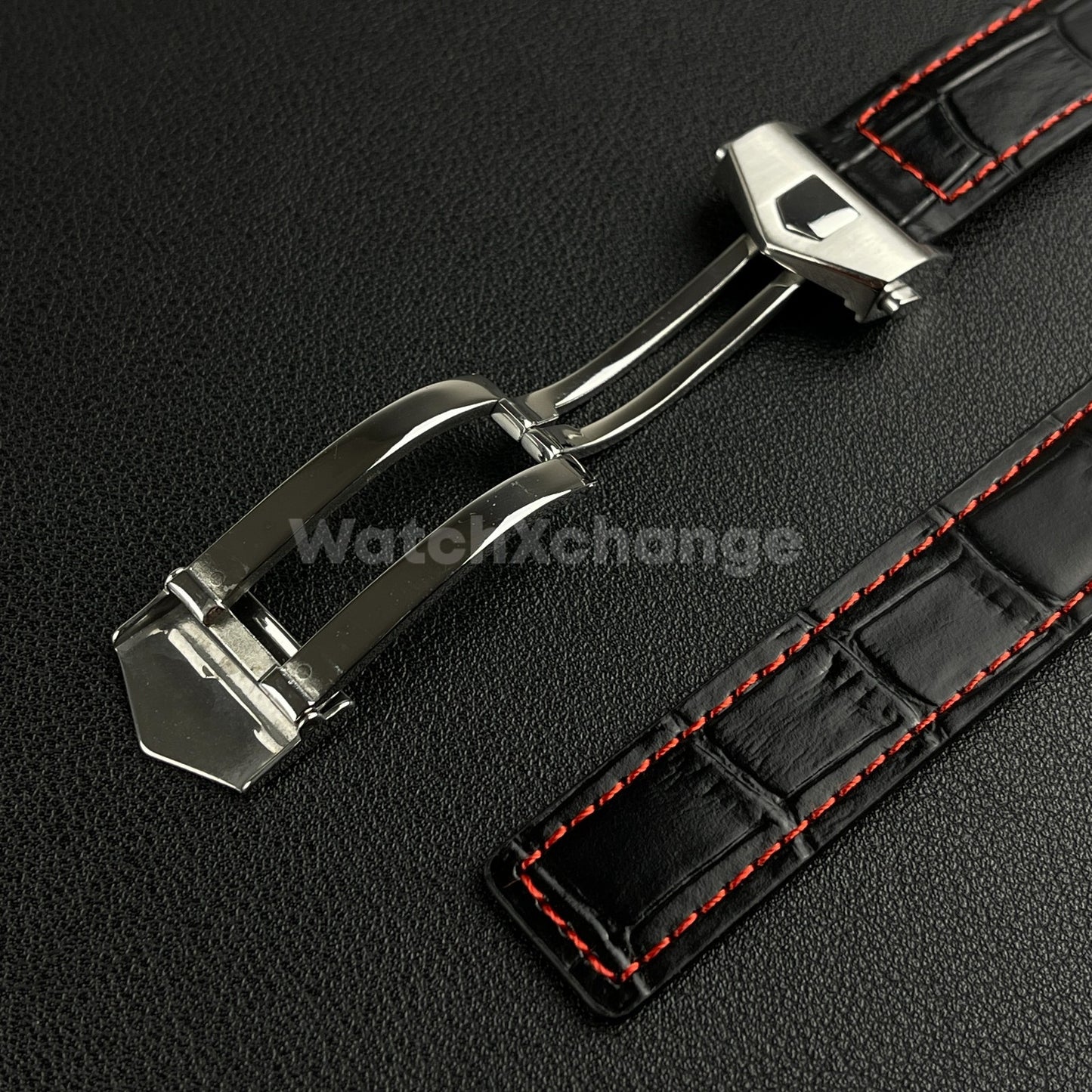 Black & Red Leather Strap For Tag Heuer Monaco Carrera Crocodile 19 20 22mm