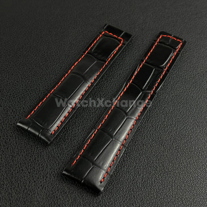 Black & Red Leather Strap For Tag Heuer Monaco Carrera Crocodile 19 20 22mm